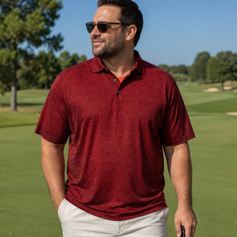Nike Golf Men XL Dri-FIT UV Polo Shirt Burgundy Red Patterned Short Sleeve